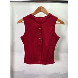 Red Ribbed Sleeveless Button Front Crew Neck Tank Top Womens Size M